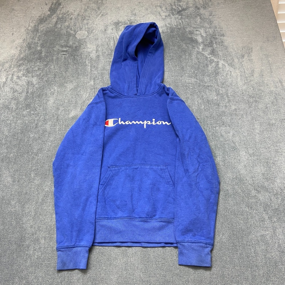 Champion Hoodie Girls Large Blue Fleece Lined Wordmark Logo Cotton Athletic